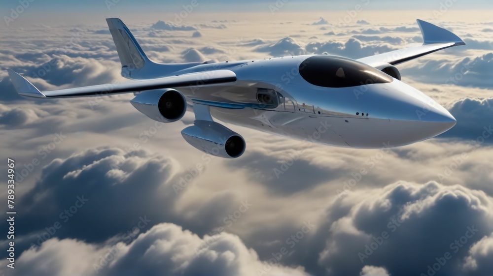Obraz premium A futuristic hydrogen powered airplane flying above the clouds representing the next generation of sustainable air travel