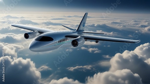 A futuristic hydrogen powered airplane flying above the clouds representing the next generation of sustainable air travel photo