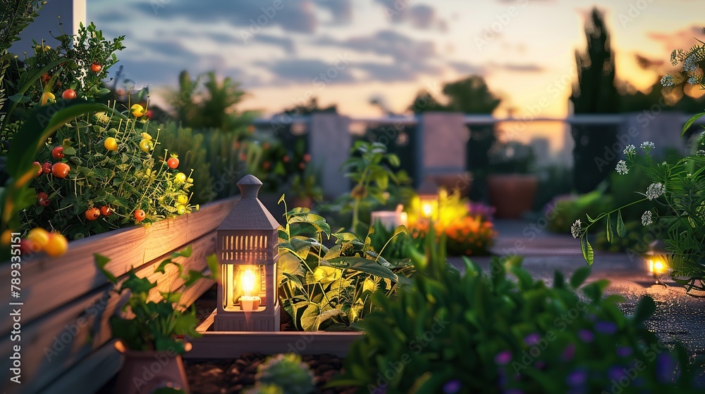A rooftop garden with plants, flowers, and a lantern.

