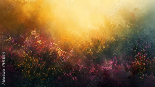 An abstract expression of heather and moss, with a golden sheen, capturing the tranquility of a misty morning. 
