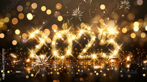 2025 new year greeting card with big golden numbers on dark background, fireworks, and golden bokeh