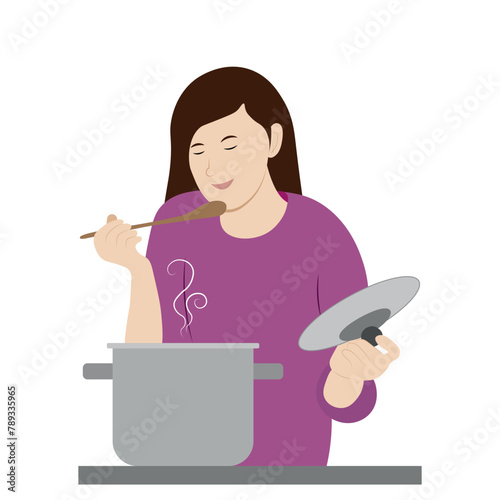 A cartoon girl tastes the soup she is preparing, isolate on white, cooking photo