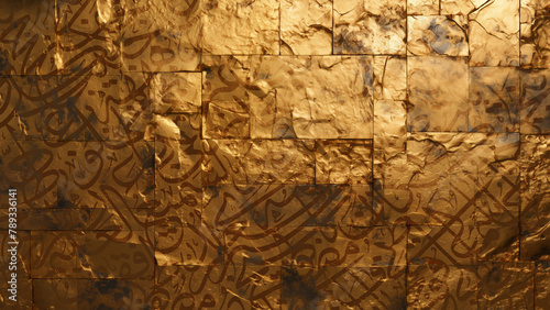 Arabic calligraphy wallpaper on a Gold wall with a black interlocking background subtitles  interlacing Arabic letters 