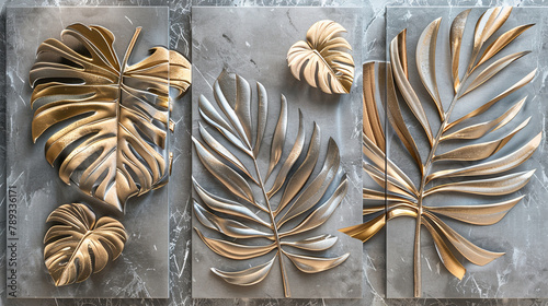 Fototapeta Naklejka Na Ścianę i Meble -   3d wall art design, three panel composition of palm leaves in silver and gold, on dark marble background, golden elements