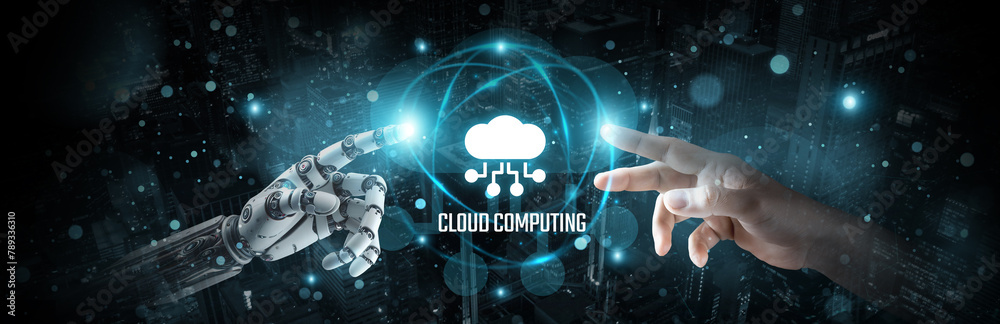 Cloud computing, Hands of robot and human touch on cloud-based network, Brain data processing in the cloud, Cloud computing and artificial intelligence technology, innovation for seamless connectivity Cloud computing, Hands of robot and human touch on cloud-based network, Brain data processing in the cloud, Cloud computing and artificial intelligence technology, innovation for seamless connectivity