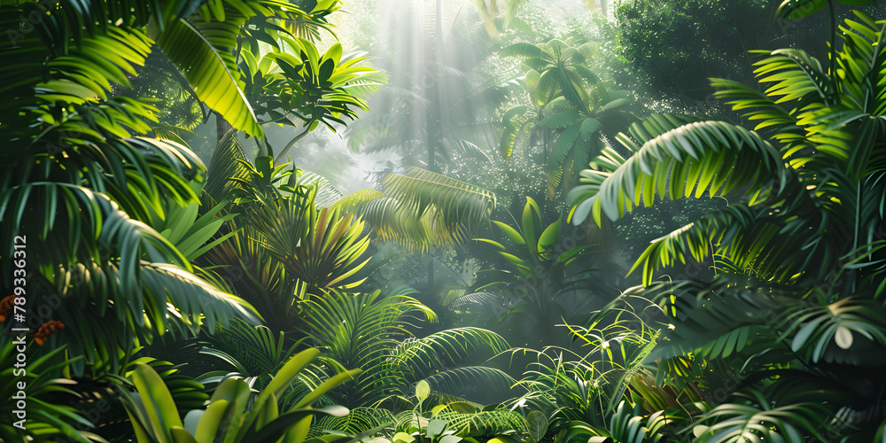 Fototapeta premium Lush tropical jungle backdrop for eco-friendly product presentations, emphasizing green and natural environments