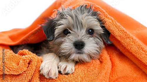 Cute bathed havanese puppy dog wrapped in an orange towel, generative ai