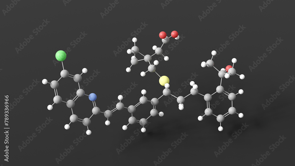 montelukast molecular structure, leukotriene modifiers, ball and stick 3d model, structural chemical formula with colored atoms montelukast molecular structure, leukotriene modifiers, ball and stick 3d model, structural chemical formula with colored atoms