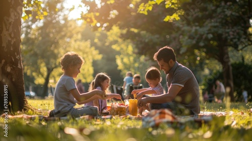 A family enjoys a picnic in the park, eating delicious food and playing games.