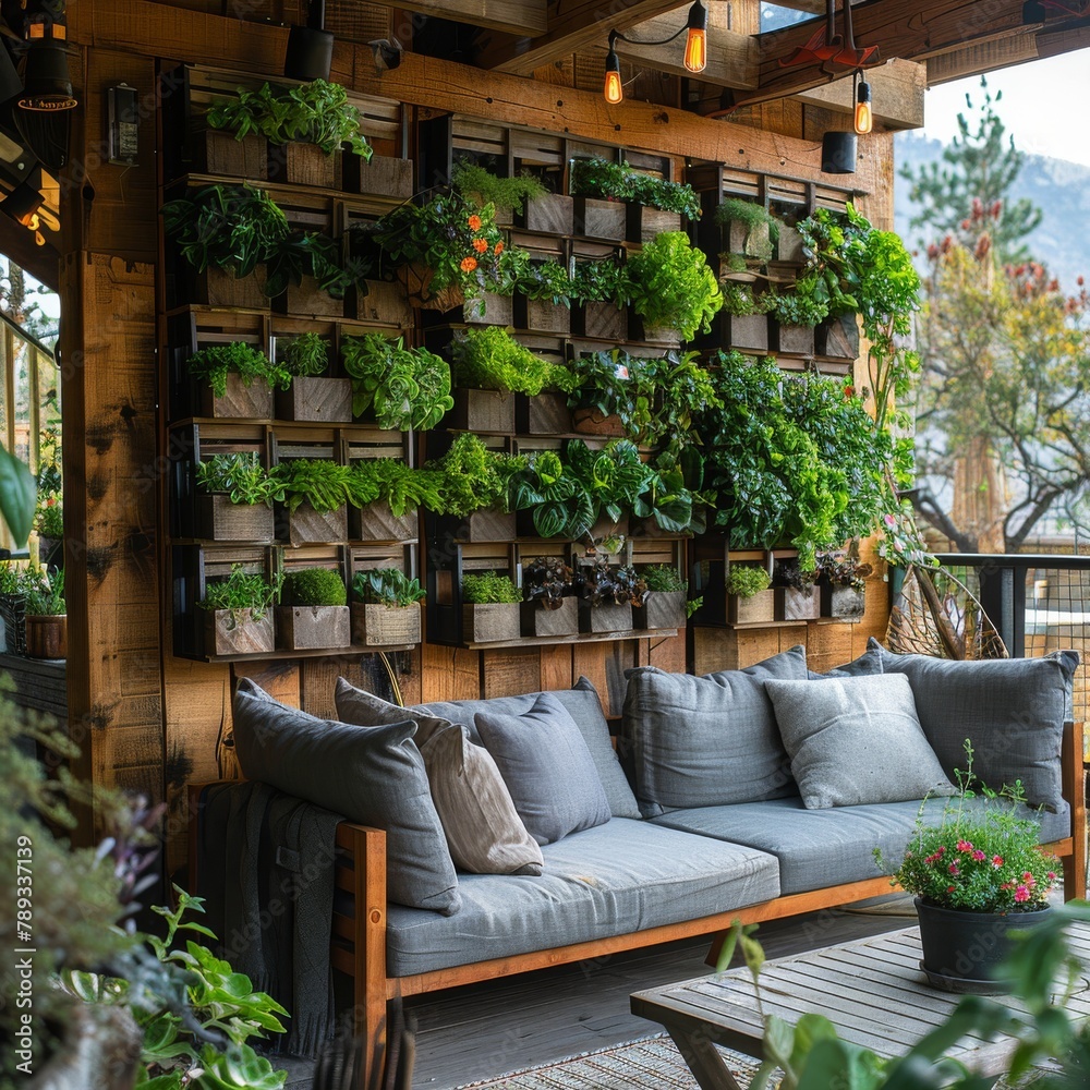 A living wall of plants in a modern outdoor living space