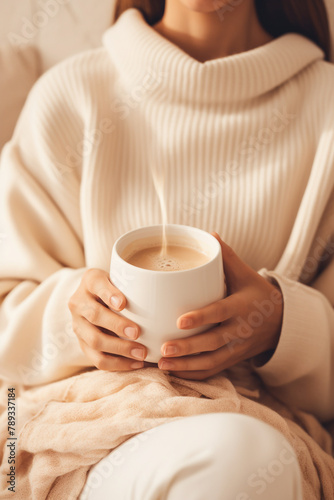 woman in soft knitwear, enjoying a mug of hot cocoa in a cozy setting сreated with Generative Ai