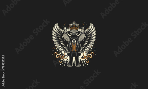 elephant wearing suite and crown with wings vector artwork design