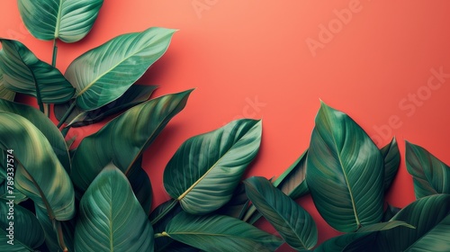 Philodendron leaves on a coral-colored background.