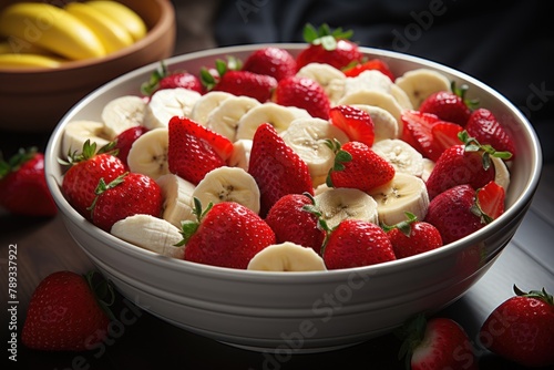 High angle close -up of a white bowl with strawberry and banana slices  generative IA