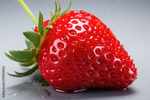 Close of a red strawberry on a white surface  generative IA