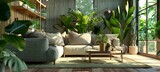 Living room interior with green indoor plants and sofas. photo. generative ai