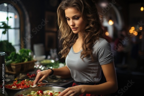 Athletic Woman Closeup adding strawberries when making fruit salad in the kitchen  generative IA
