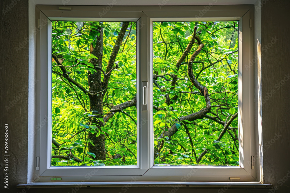 Fototapeta premium white plastic window with white frames on the outside and green trees visible from inside, view through modern glass window with nature background