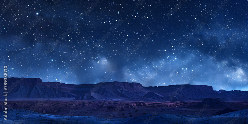 Starry night sky over a desert landscape, mystical and expansive, ideal for promoting camping gear or astronomical tools