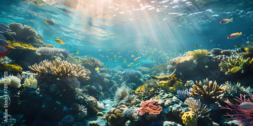 Underwater coral reef setting to highlight eco-friendly initiatives or products related to marine life conservation