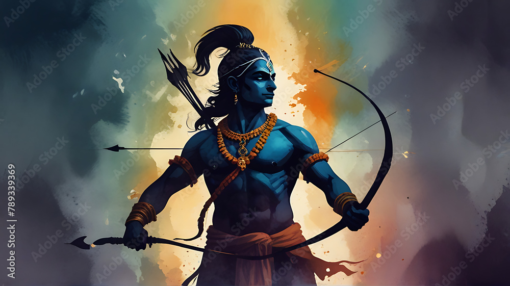 Fototapeta premium A Watercolor illustration of lord rama , hindu god silhouette with a bow and arrow, Abstract Divine style, bow