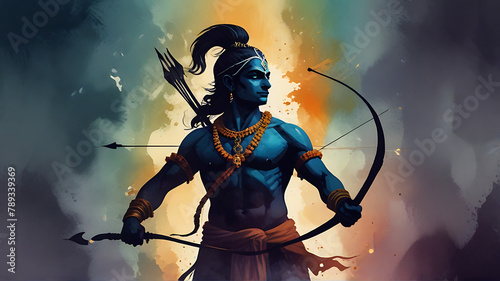 A Watercolor illustration of lord rama , hindu god silhouette with a bow and arrow, Abstract Divine style, bow