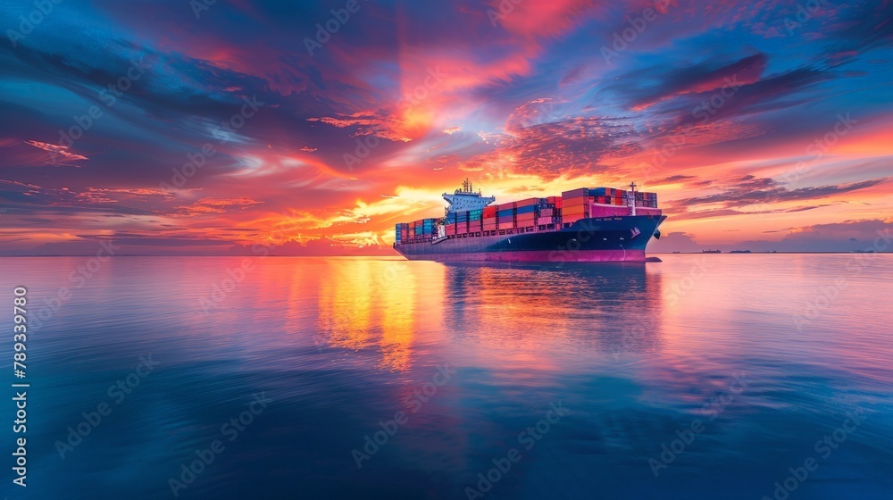 A container ship navigating through calm waters, carrying thousands of containers filled with goods from manufacturers to consumers worldwide. A container ship navigating through calm waters, carrying thousands of containers filled with goods from manufacturers to consumers worldwide.