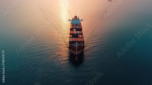 A container ship navigating through calm waters, carrying thousands of containers filled with goods from manufacturers to consumers worldwide.