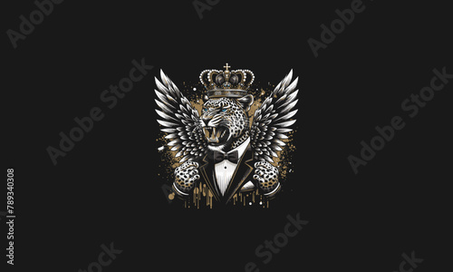 leopard wearing suite and crown with wings vector artwork design