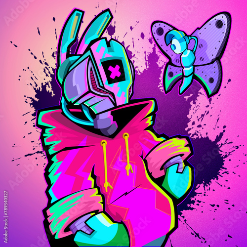 Cute robot with bunny ears looking at a mechanical butterfly