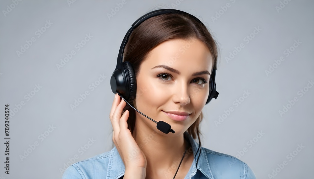customer support phone operator in headset, against grey customer support phone operator in headset, against grey