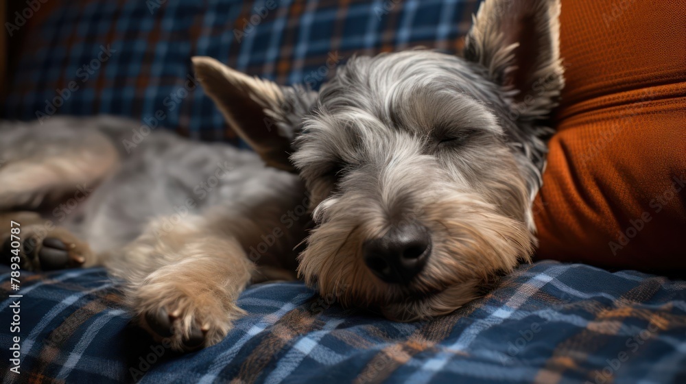 Scottish Terrier dog peacefully asleep on a plush and cozy sofa Scottish Terrier dog peacefully asleep on a plush and cozy sofa