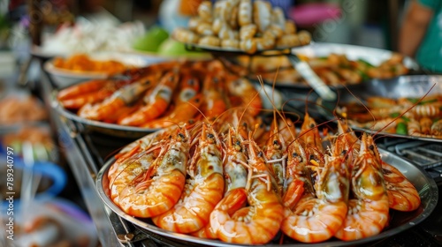 A seafood market stall showcasing plump shrimp soaking in fish sauce marinade, inviting customers to indulge in the irresistible taste of Thai street food.