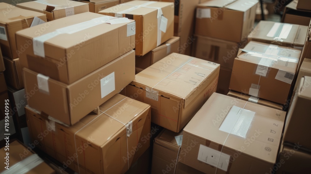 A stack of cardboard boxes labeled with destination addresses, awaiting pickup by a courier for delivery to their respective recipients. A stack of cardboard boxes labeled with destination addresses, awaiting pickup by a courier for delivery to their respective recipients.