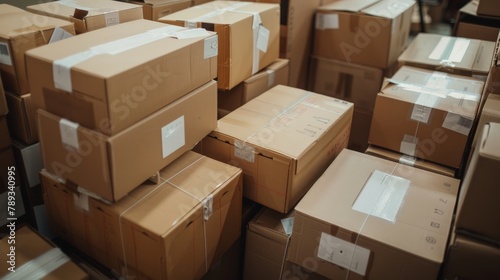 A stack of cardboard boxes labeled with destination addresses, awaiting pickup by a courier for delivery to their respective recipients. © chanidapa
