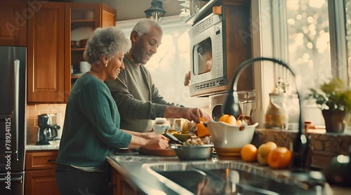 Adaptive Strategies: Senior Couple in Kitchen, One Partner Labeling Cabinets and Appliances to Manage Memory Loss Challenges
 photo