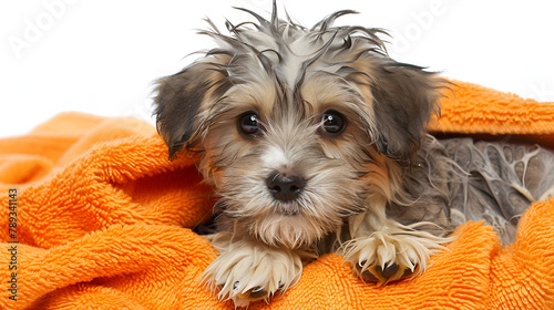 Cute bathed havanese puppy dog wrapped in an orange towel, generative ai