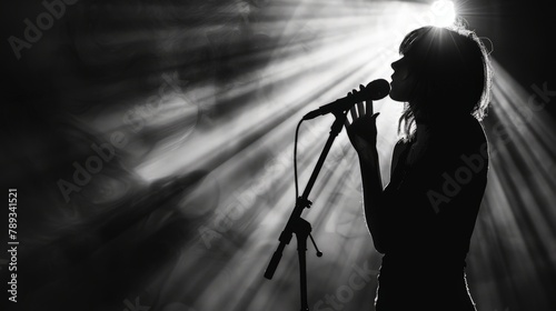 Artistic silhouette of a singer in a spotlight, their shadowy figure expressing the soulful depth of their musical performance. photo