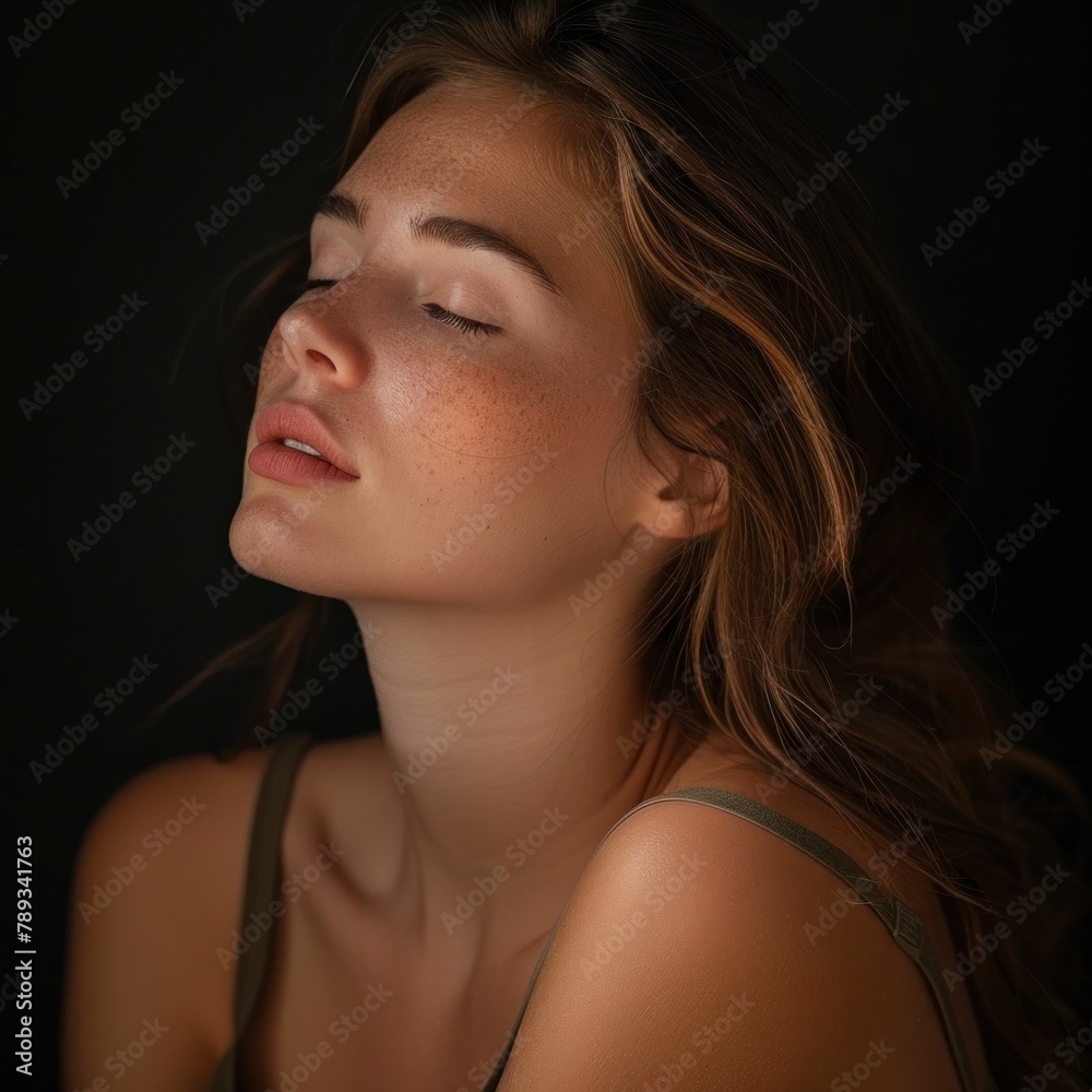 Beautiful young woman with freckles and closed eyes in a portrait on black background, emphasizing natural beauty Beautiful young woman with freckles and closed eyes in a portrait on black background, emphasizing natural beauty