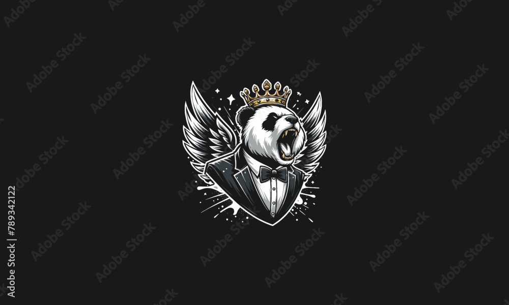 panda roar wearing suite and crown with wings vector design panda roar wearing suite and crown with wings vector design