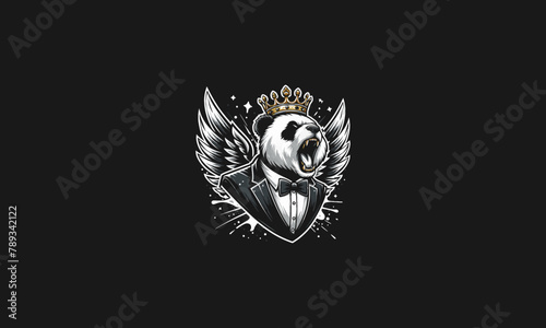panda roar wearing suite and crown with wings vector design