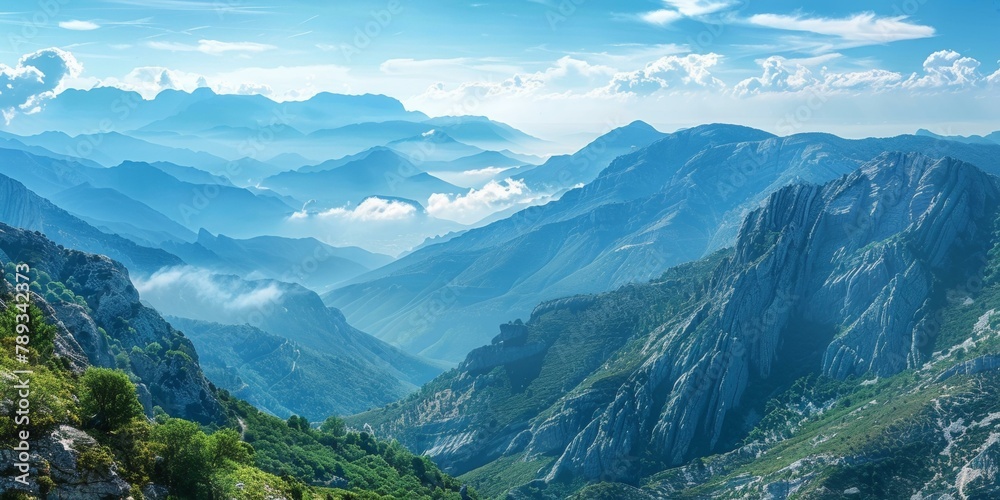 Majestic mountain range panorama with lush greenery, enveloping mist, and layered blue hills evoking sense of adventure and tranquility, ideal for nature lovers. Copy space.