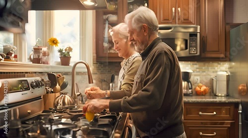 Adaptive Strategies: Senior Couple in Kitchen, One Partner Labeling Cabinets and Appliances to Manage Memory Loss Challenges
 photo