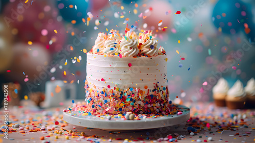 A whimsical birthday cake, with confetti strewn around as the background, during a festive party