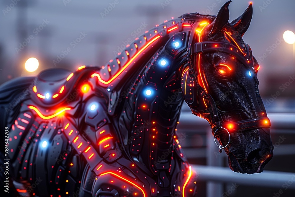 A black horse with glowing red and blue lights on its body is standing ...