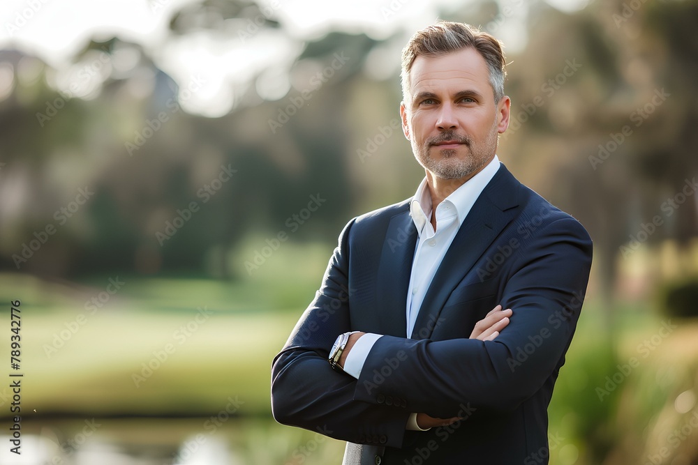 a sharp-dressed business leader on country club background. generative AI a sharp-dressed business leader on country club background. generative AI