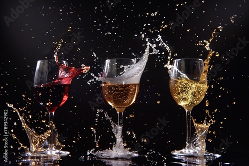 three wine glasses in mid-tilt against a sleek black background, each spilling a different liquid to convey motion and contrast.