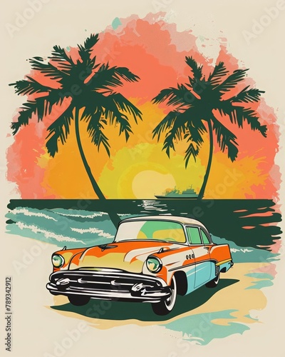 A retro car on the background of an evening beach among palm trees. Retro poster with a vintage car on the background of a tropical beach. The concept of a summer beach holiday. for postcard, banner.