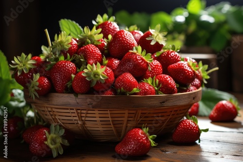 Fresh strawberries in a basket on the old close-up wooden table  generative IA