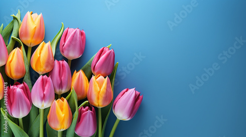 colorful tulip flowers on a blue background   reated with Generative Ai